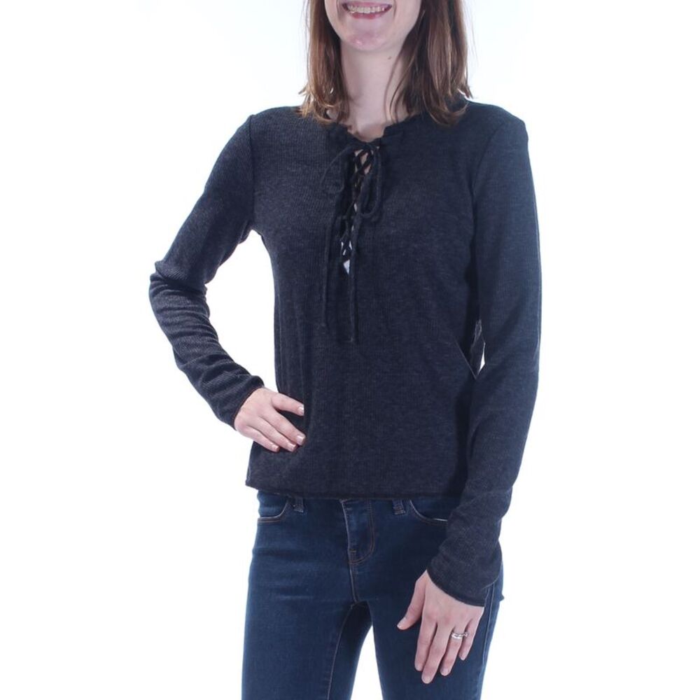 CHELSEA SKY Womens Black Tie Long Sleeve V Neck Tunic Top Size: S